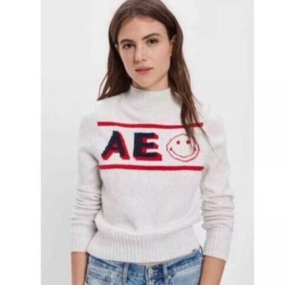 American Eagle AE Smiley Face Logo Print Long Sleeve Knit‎ Sweater Size M NEW - Picture 1 of 10